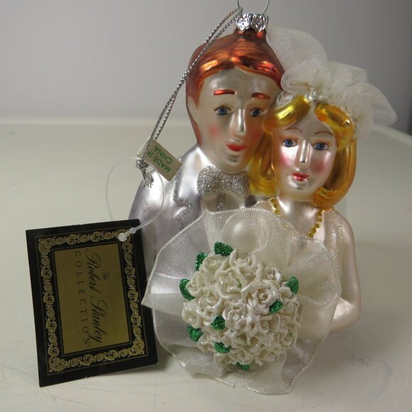 Bride and Groom Blown Glass Ornament with glitter accents 5" tall - Picture 1 of 12